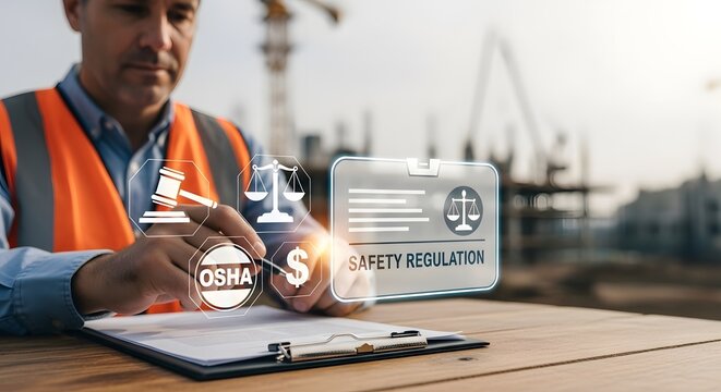 Construction worker examining safety regulations for the concept of industry regulations.