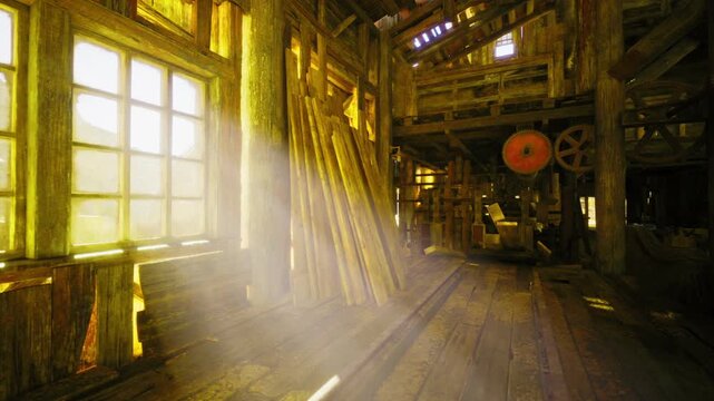 Sunlit sawmill interior with leaning planks and dustfilled rays, large paned windows flooding warm light across wooden floorboards, visible pulley systems