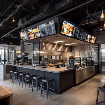 modern coffee shop interior with menu displays and seating area