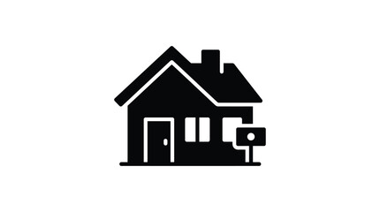 Fototapeta premium Simple black silhouette of a classic suburban house with chimney and small yard ideal for real estate or homeownership graphics