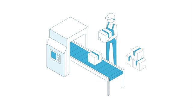Workers with box on assembly conveyor in outline isometric style. Factory and conveyor. Warehouse worker sorting goods in box, logistics and remote controller.