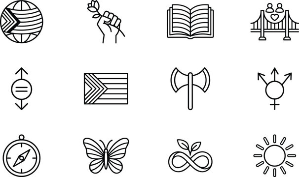 Minimalist black and white icons representing diverse global symbols and concepts in universal-symbols minimalist-design flat-illustration cultural-diversity conceptual-graphics vintage-inspired symbo