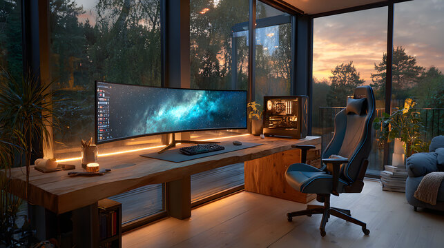 The interior of this modern home office is sleek and has a large curved monitor and ergonomic chair on a wooden desk with warm ambient lighting, making it ideal for professional gaming, design, or rem