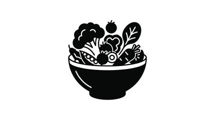 Black silhouette of a salad bowl filled with various fresh vegetables and a single berry on top isolated on white © TANGIL