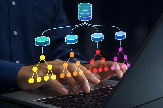 Random forest regression and classification models. Data analysis with machine learning. Data scientist using laptop computer for ensemble learning.