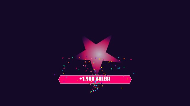 Animated sales milestone graphic with pink star, celebration confetti and 1,900 sales text, e-commerce achievement motion design