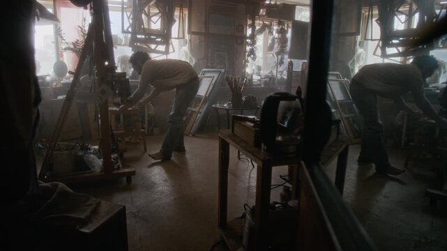 Wide shot of artist finishing his drink, standing up in burst of inspiration, making first strokes on canvas after overcoming creative block in his studio