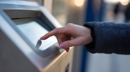 Naklejka premium Close-up of a person's hand with painted nails interacting with a modern touch screen interface, showing digital transaction or information access in use