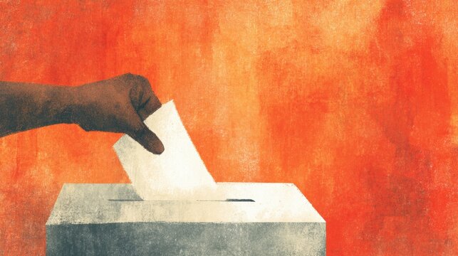 Voting process showing a hand placing a ballot in a box in a bright setting