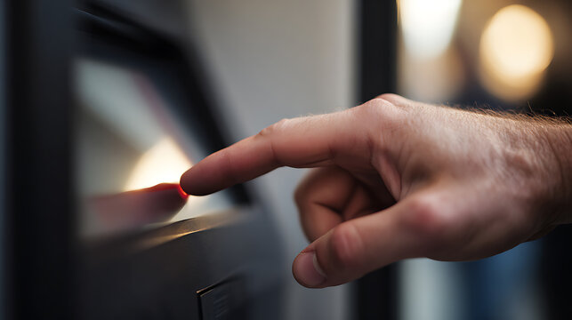 Close up of a hand pressing a button on a sleek, modern touch screen interface, highlighting interaction with technology in a contemporary setting
