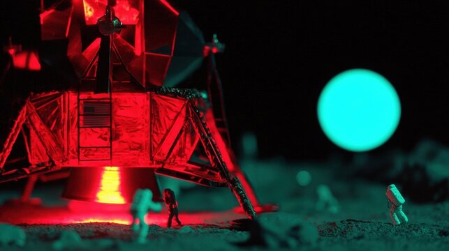 Model of a lunar lander with astronauts on a sci-fi moon landscape at night