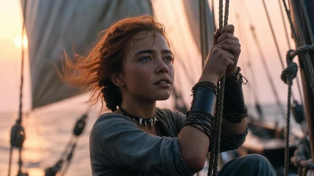 A young person on a sailing ship gripping ropes in a cinematic style against a sunset sea background, symbolizing determination