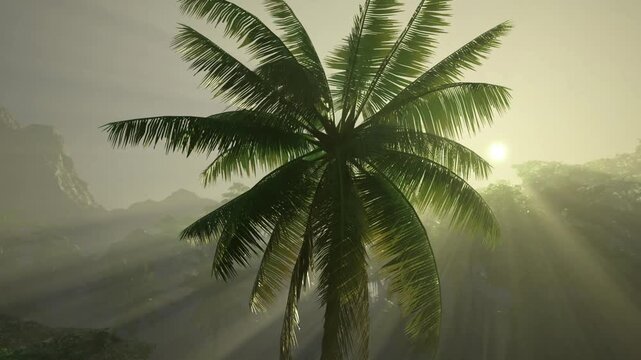 Dawn light filtering through palm fronds, dense mist hugging valley floor, rays revealing layered canopy and biodiversity, mood of renewal and nature protection