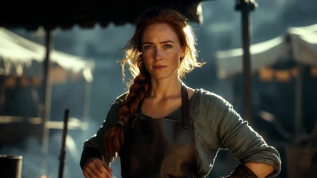 A woman blacksmith in rustic attire shown in realistic style on a sunlit outdoor background, concept of craftsmanship