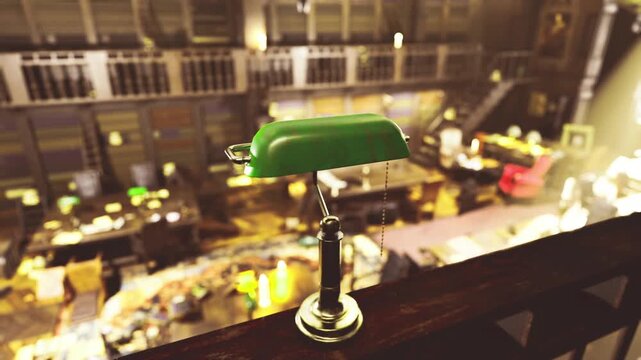Green banker lamp illuminating night study, concentrated glow on open notes and pen, lone student writing, caffeine mug nearby, focused exam preparation mood