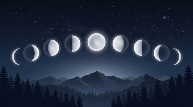Mystical lunar phase astronomy landscape with celestial moon cycle and cosmic night sky vector illustration background