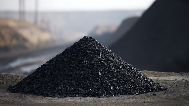 Large pile of raw black rock material ready for industrial processing, highlighting energy resources and a dusty, textured surface