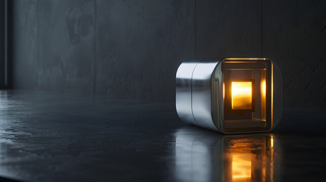 Secure titanium transit capsule protecting a glowing gold microchip