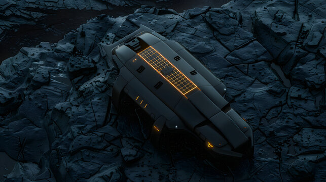 Matte black stealth probe casting an amber scanning grid on obsidian