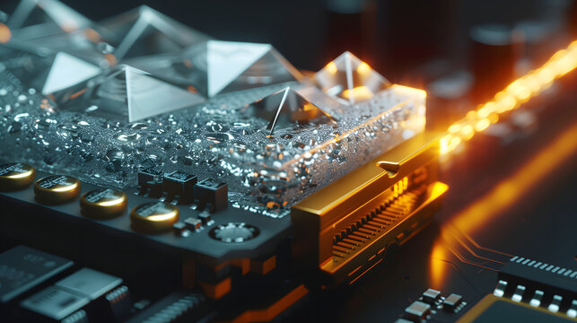 Solid-state drive covered in digital ice melted by a glowing gold laser