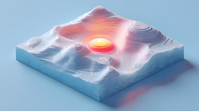 Frosted glass topographic map with a glowing red anomaly pulse