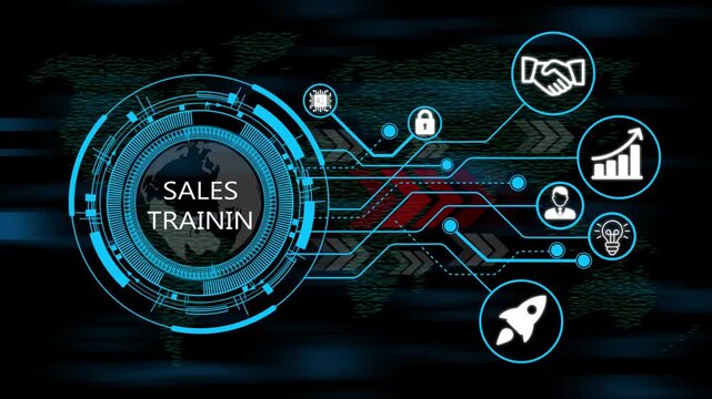 Digital Seles training design and futuristic user experience concept infographic, Glowing circular dashboard with business, technology, icons and integrated network. world map background