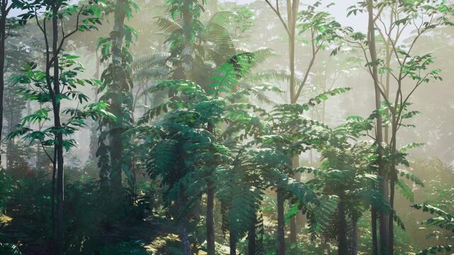Closeup Indonesian undergrowth with dense ferns, textured leaves and filtered sunlight humid botanical scene showing leaf detail, frond layers and intimate