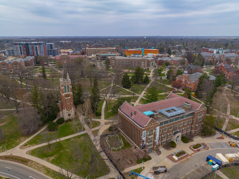 Beaumont Tower and MSU Museum aerial view in Michigan State University in East Lansing, Michigan MI, USA. 