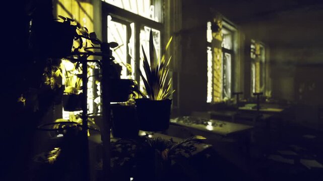 Sundrenched study space with dusty desks and lonely plant silhouettes, soft golden tones and quiet corners convey memory, reflection, and passage of time.