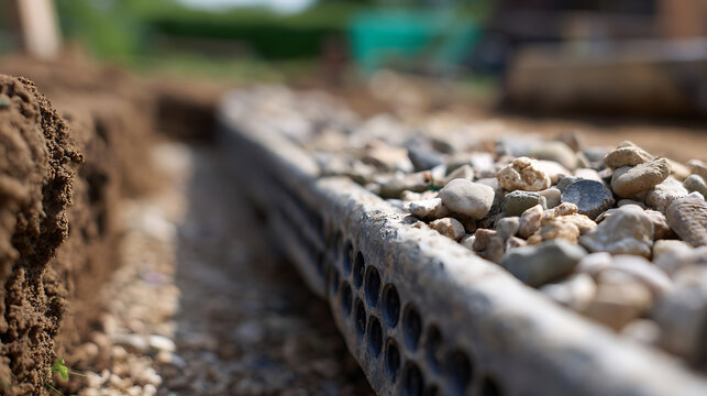 Subsurface drainage pipe and gravel layer installed in a trench for effective water management and foundation protection project