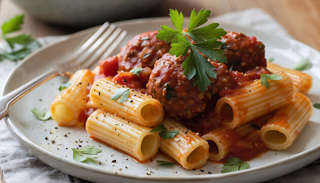 Delicious rigatoni pasta with meatballs and tomato sauce on plate