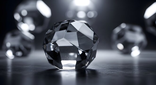 Shining transparent polyhedral crystal gem resting on dark reflective surface in studio.