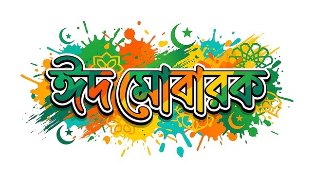 Colorful eid mubarak greeting with festive paint splatter background