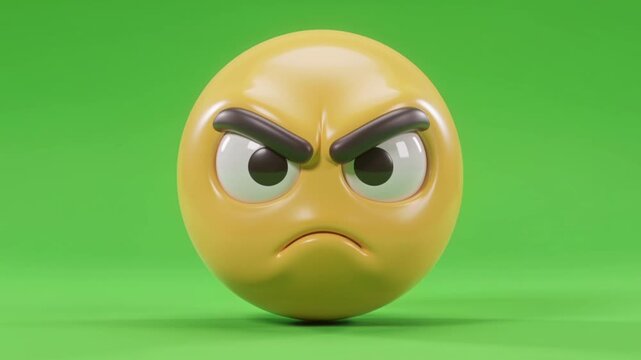 A 3D rendered angry emoji with frowning face and raised eyebrows on green screen