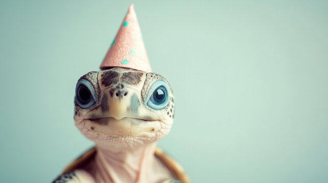 A joyful baby turtle smiles brightly while donning a pastel party hat. The cute scene captures the essence of celebration and happiness, perfect for any festive occasion