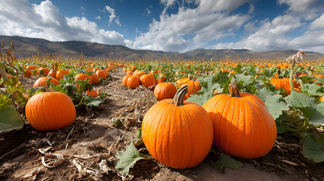 The pumpkin patch in autumn has an abundance of orange pumpkins for harvesting