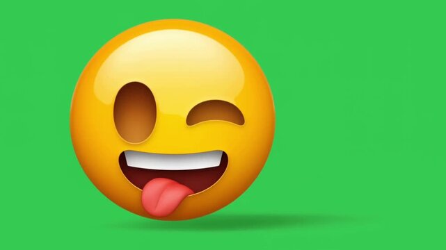 A cheeky emoji with a tongue-out expression winks on green background