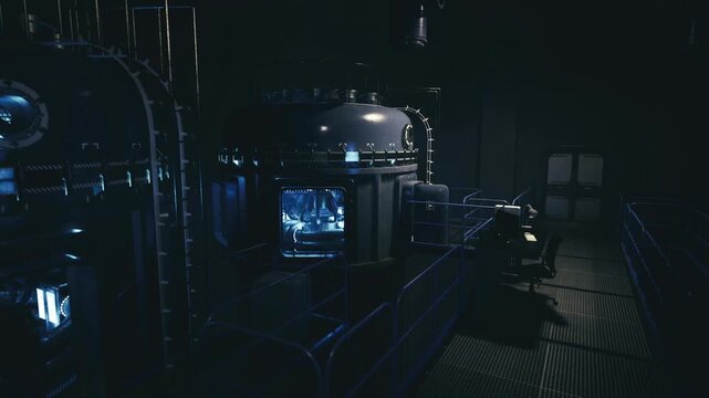 Dim research chamber with illuminated glass vessel, instrument racks and networked monitors sterile metallic surfaces, pipes and subtle blue glow suggest