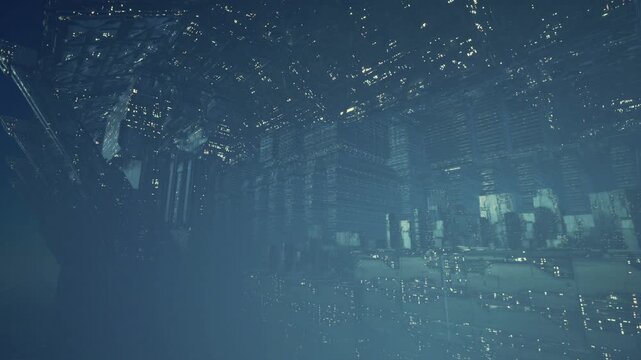 Glowing inverted cityscape with suspended towers, misty blue atmosphere, dense highrise silhouettes, scattered golden lights and reflective surfaces creating