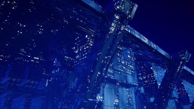Cinematic blue facade wrapped in mesh with twinkling bulbs and steel beams, intense blue lighting creates sculptural silhouette and moody urban composition