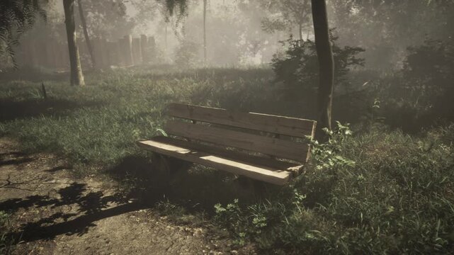 A serene forest scene glows softly with morning light, where a rustic wooden bench sits peacefully amidst lush green grass and gentle mist. Nature thrives in tranquil beauty.