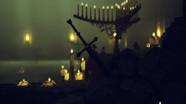 Dim medieval crypt with menorah and candles along stone steps, heavy vaults and shadowed arches, ritual traces and solemn memorial atmosphere for period scenes