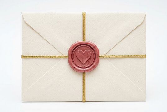 Vintage cream envelope with pink heart wax seal and gold twine, elegant wedding invitation stationary, romantic love letter with wax stamp