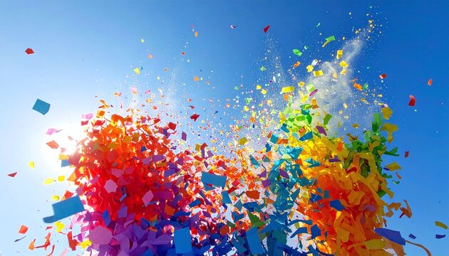 Colorful paper confetti explodes against a bright blue sky in a joyful celebration. This dynamic, festive image captures the energy of success, summer parties, and vibrant outdoor events.