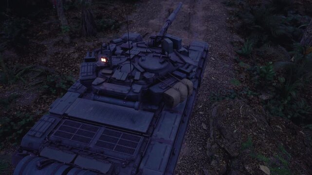 Twilight tank conducting training exercise, dust plume rising from heavy treads, steady engine rumble, marked route through sparse trees, simulated battlefield