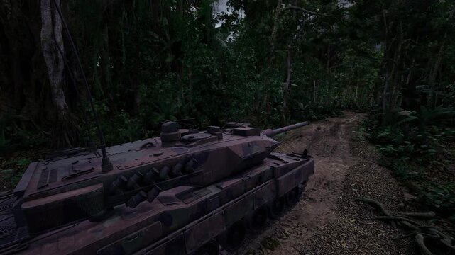Rusty tank stranded on forest track, mudsplattered hull, broken antenna, dense canopy, damp trail, silent atmosphere evoking wartime relic and exploration