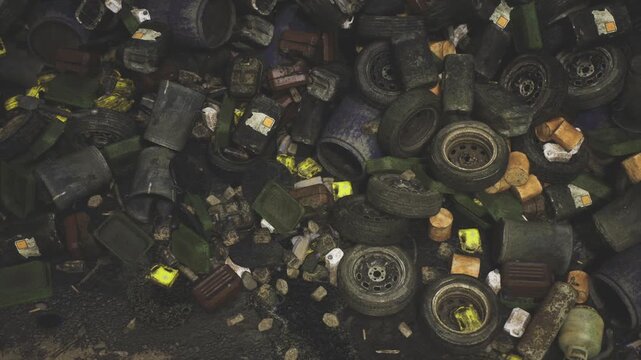 Piled tires near roadside surface with oil stains and neon tags, dusk light casting long shadows, evidence of neglect and illegal dumping, community concern
