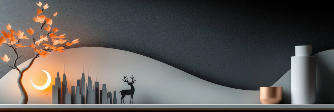 Paper layered shadowbox scene of a silhouetted city skyline, majestic deer beside a vibrant autumn tree under a crescent moon, bathed in warm orange backlit glow