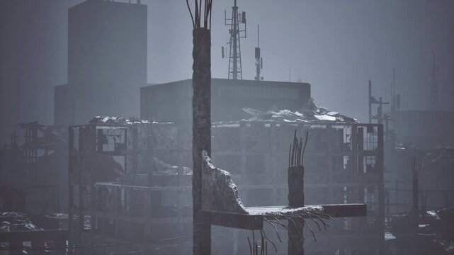 Sunless decayed factory scaffold and platforms, corroded railings and collapsed floors create layered composition of texture and shadow image evokes industrial