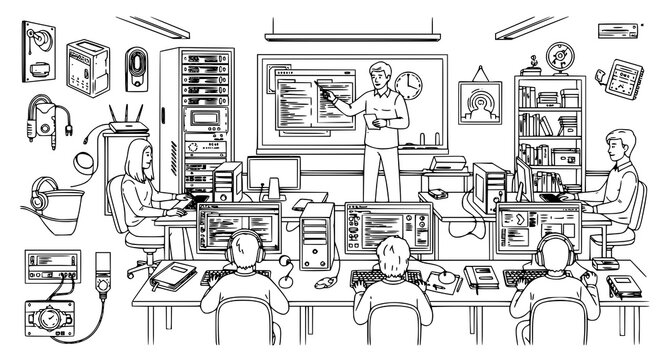 Computer class with teacher and students learning programming
